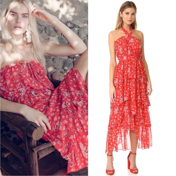 NEW MISA Los Angeles Halter Neck Ruffle Tiered Floral Maxi Dress Red Boho Summer - Picture 3 of 16